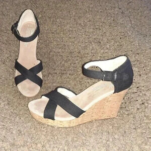 TOMS "Sierra" Black Canvas Ankle Strap Wedge Cork Heel Sandals-SZ 7.5-Near Mint